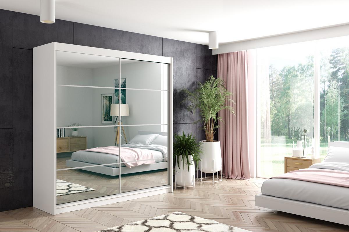 KLEIDERSCHRANK mit Spiegel-Schiebetüren und Aluminium-Leisten, LED-Beleuchtung - VIVI - 200 cm Weiß - Weiß, Holzwerkstoff (200/216/61cm) - ALTDECOR