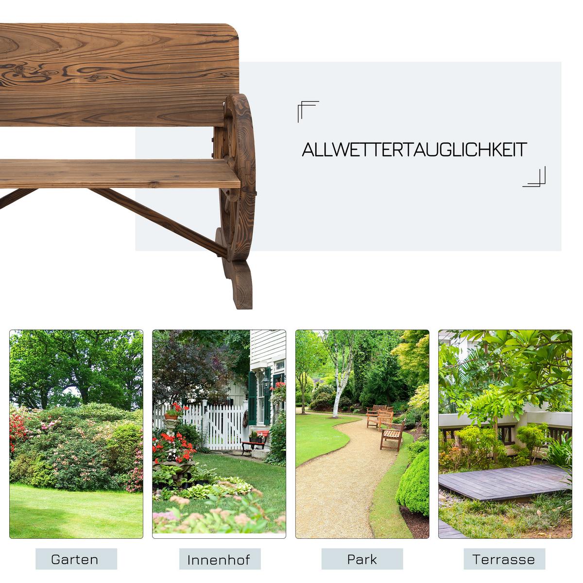 GARTENBANK mit Armlehne, Sitzbank mit Wagenräder-Design, Massivholz, Braun - Dunkelbraun, Holz (58/80/114cm) - Outsunny