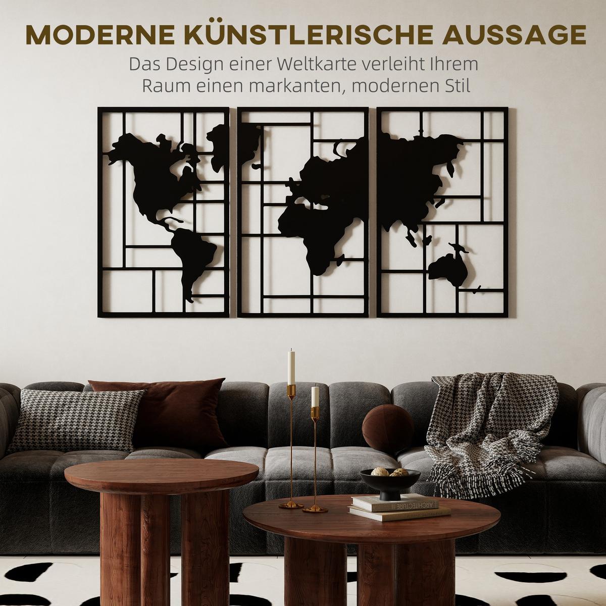 WANDDEKO Weltkarten Design, 50/80 cm - Schwarz, Metall (1.9/80/150cm) - HOMCOM