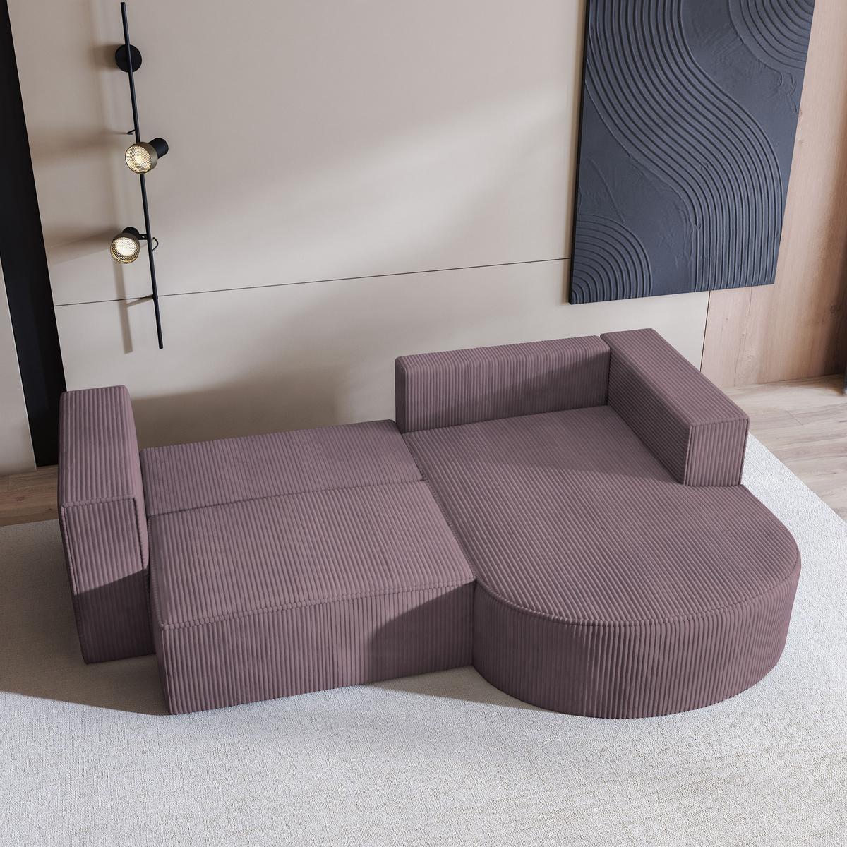 ECKSOFA SORELA P R-S Lila Kordstoff mit Schlaffunktion - Lila, Holz (263/174cm) - MASSENO