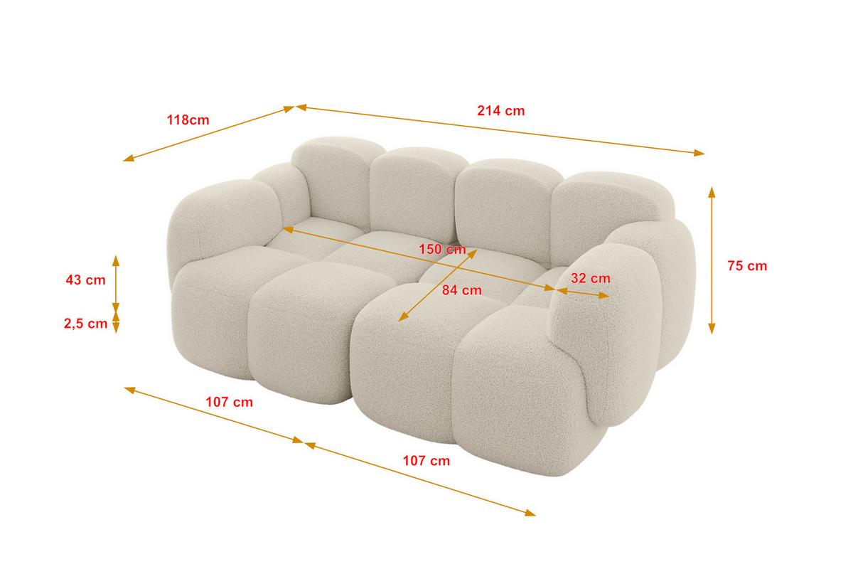 2-SITZER modulares Sofa Miko-S1 214x118x75 cm Beige Bouclé - Sandfarben/Schwarz, Holzwerkstoff/Kunststoff (214/75/118cm) - ALTDECOR