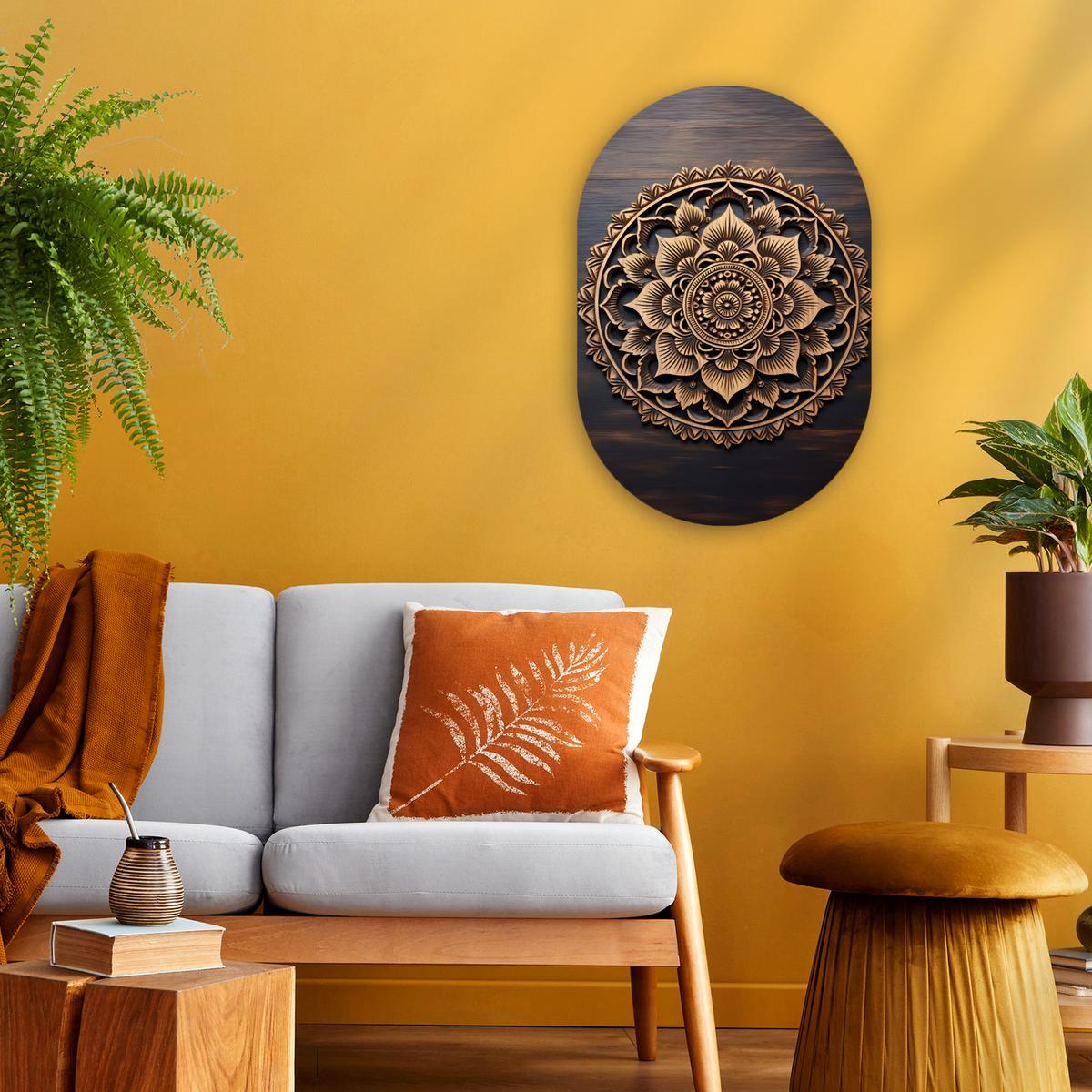 WANDBILD Mandala - Holz - Blumen - Braun Deko Wohnzimmer 40x60 cm - Gelb, Kunststoff (40/60cm) - MuchoWow