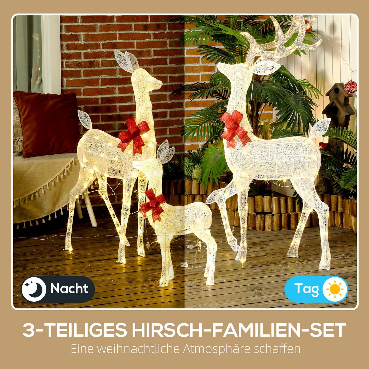 3ER Set LED Rentier, Weihnachtsdeko mit 283 warmweißen Lichtern Stahlrahmen - Silberfarben, Kunststoff (37/134/64cm) - Outsunny