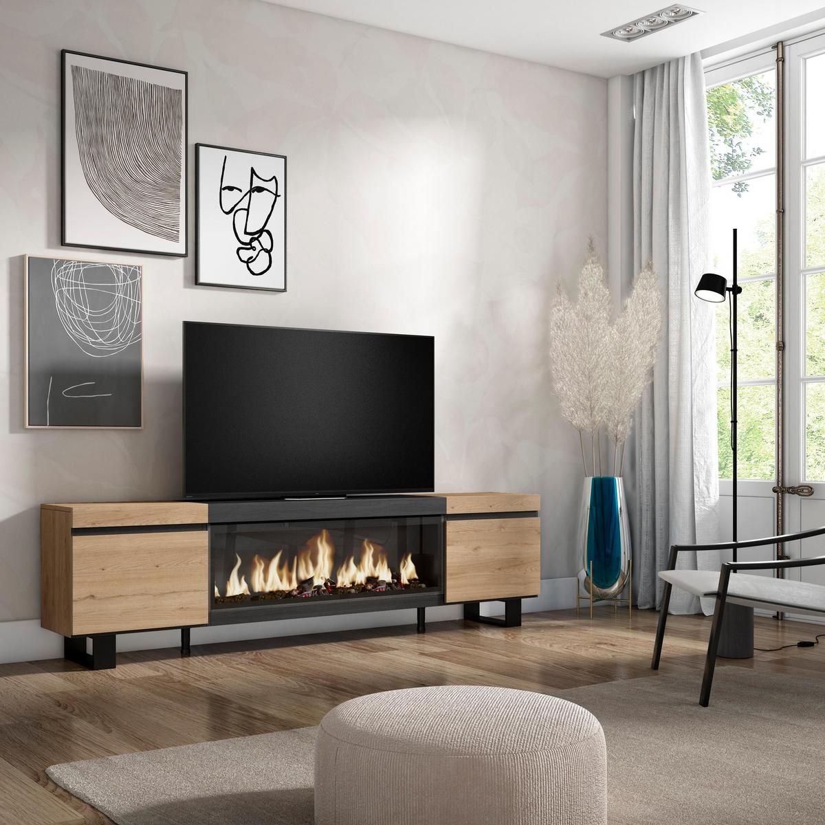 LOWBOARD, Tv-Schrank, mit Elektrokamin XXL, Eiche, Schwarz, 208/35/57cm - Eichefarben/Multicolor, Holzwerkstoff (208/57/35cm) - Skraut Home