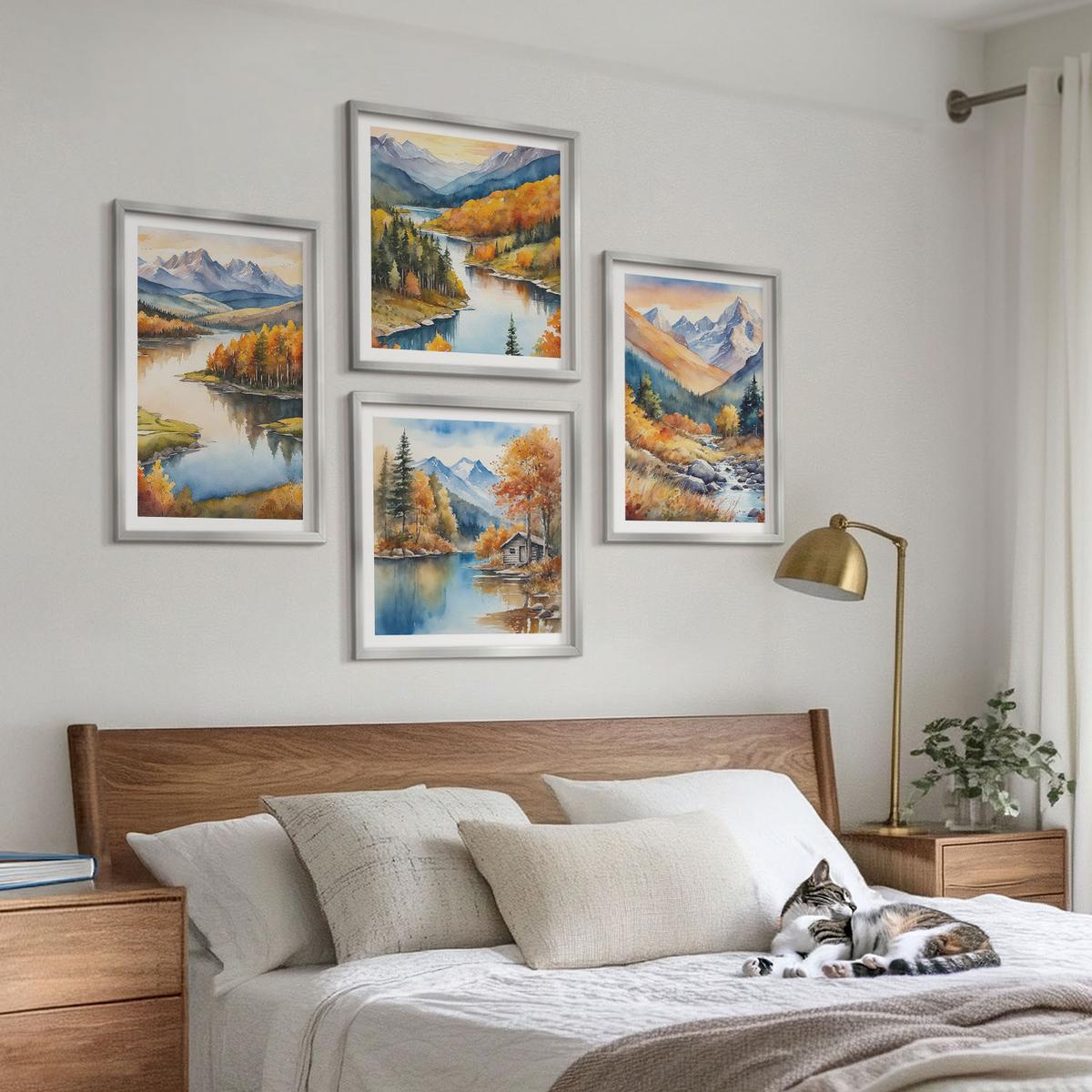 BILDER SET 4er Set - 50x50 cm & 40x60 cm Silberner Rahmen - Bergblick, Fluss, Herbst - Silberfarben, Kunststoff (50/50cm) - TULUP