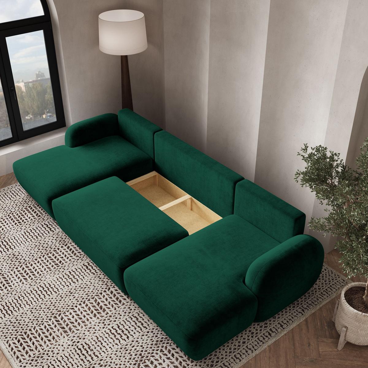 WOHNLANDSCHAFT SAVONA K Grün Plüsch-Stoff mit Schlaffunktion - Schwarz/Grün, Holz/Kunststoff (320/90/148cm) - MASSENO