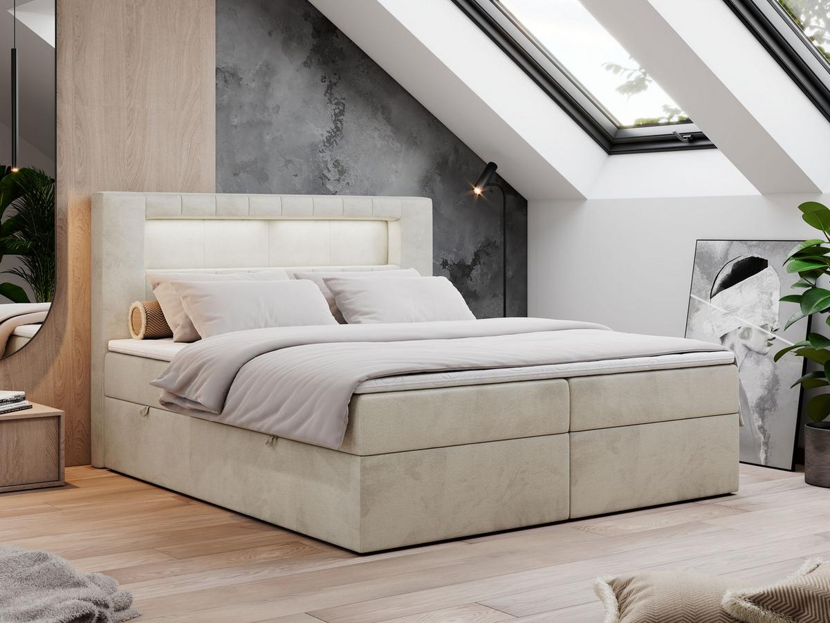 BOXBETT GOLD-5 LED 160/200 Beige Velvet - H3 - Beige, Holz/Textil (160/200cm) - MKS