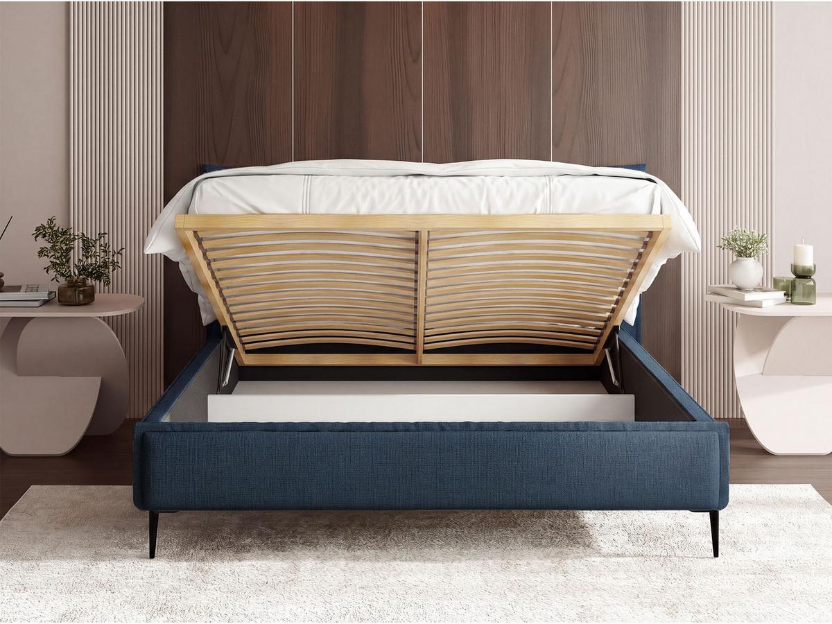 POLSTERBETT Pillow Rise mit Bettkasten, Lattenrost & hohen Metallfüßen in Dunkelblau Chenille 200x200 cm - Birkefarben/Schwarz, Holz/Holzwerkstoff (200/200cm) - WFL GROUP