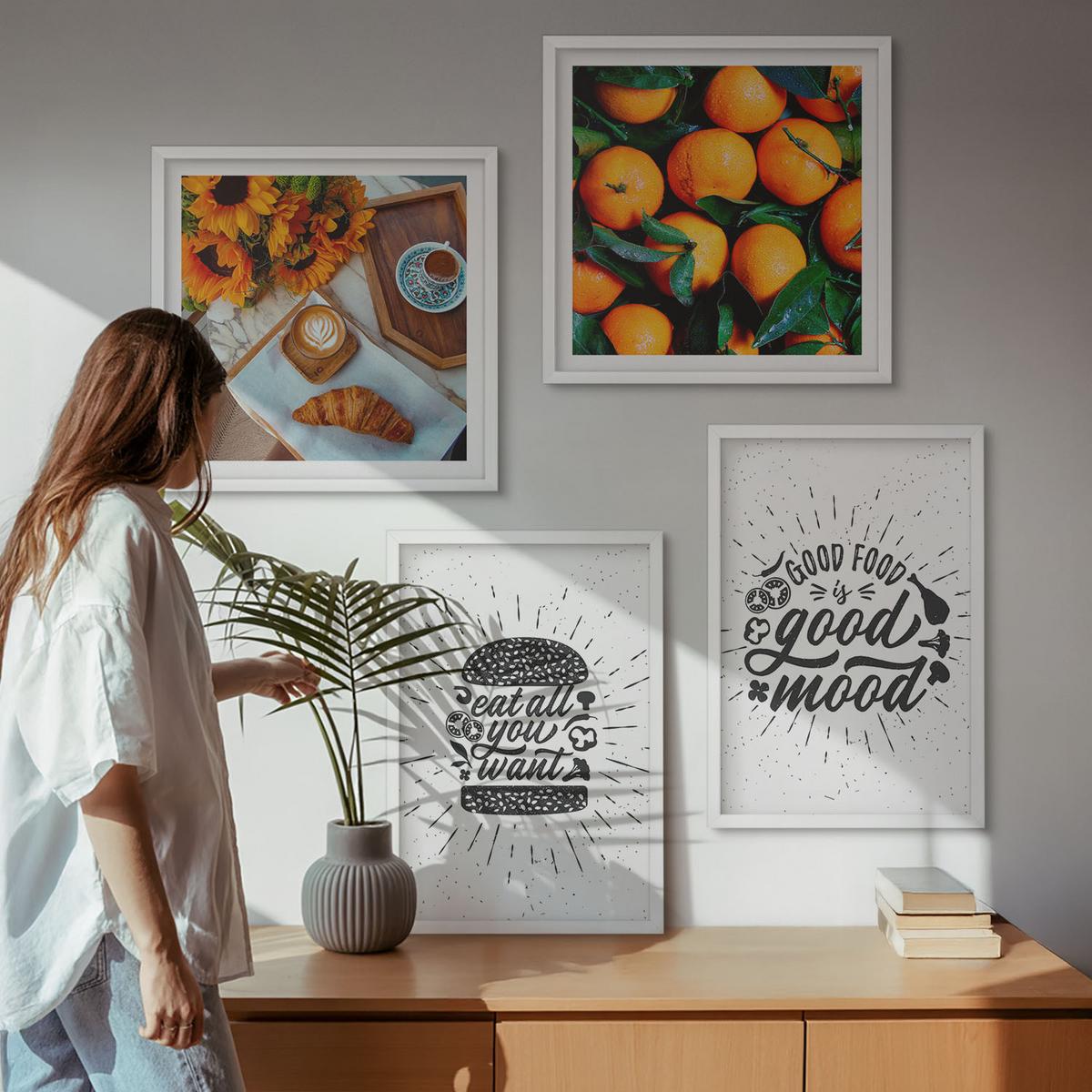 BILDER SET 4er Set - 50x50 cm & 40x60 cm Weißer Rahmen - Juicy Oranges Kitchen - Weiß, Kunststoff (50/50cm) - TULUP