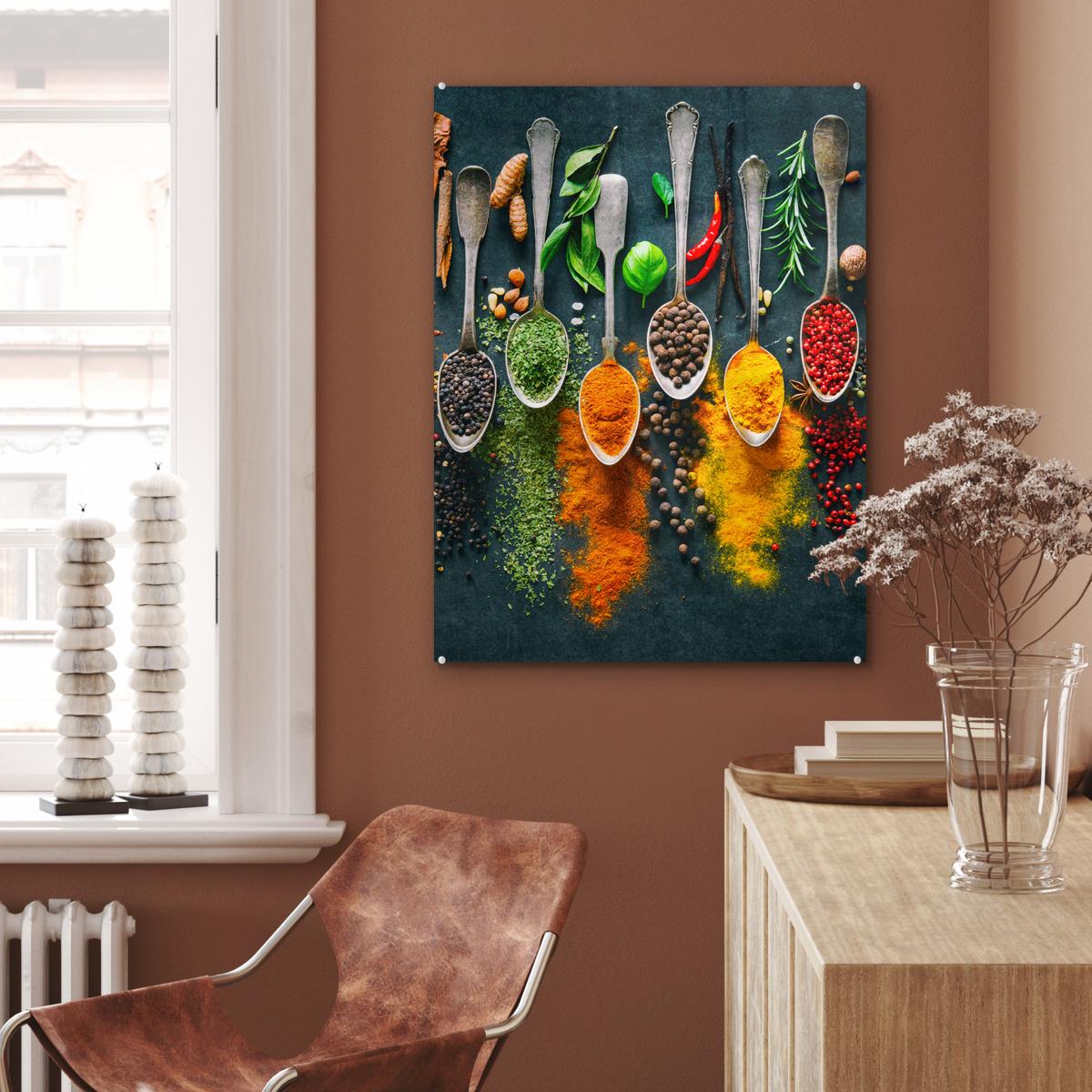 ACRYLGLASBILD Kräuter - Gewürze - Löffel 60x80 cm - Currygelb, Glas (60/80cm) - MuchoWow