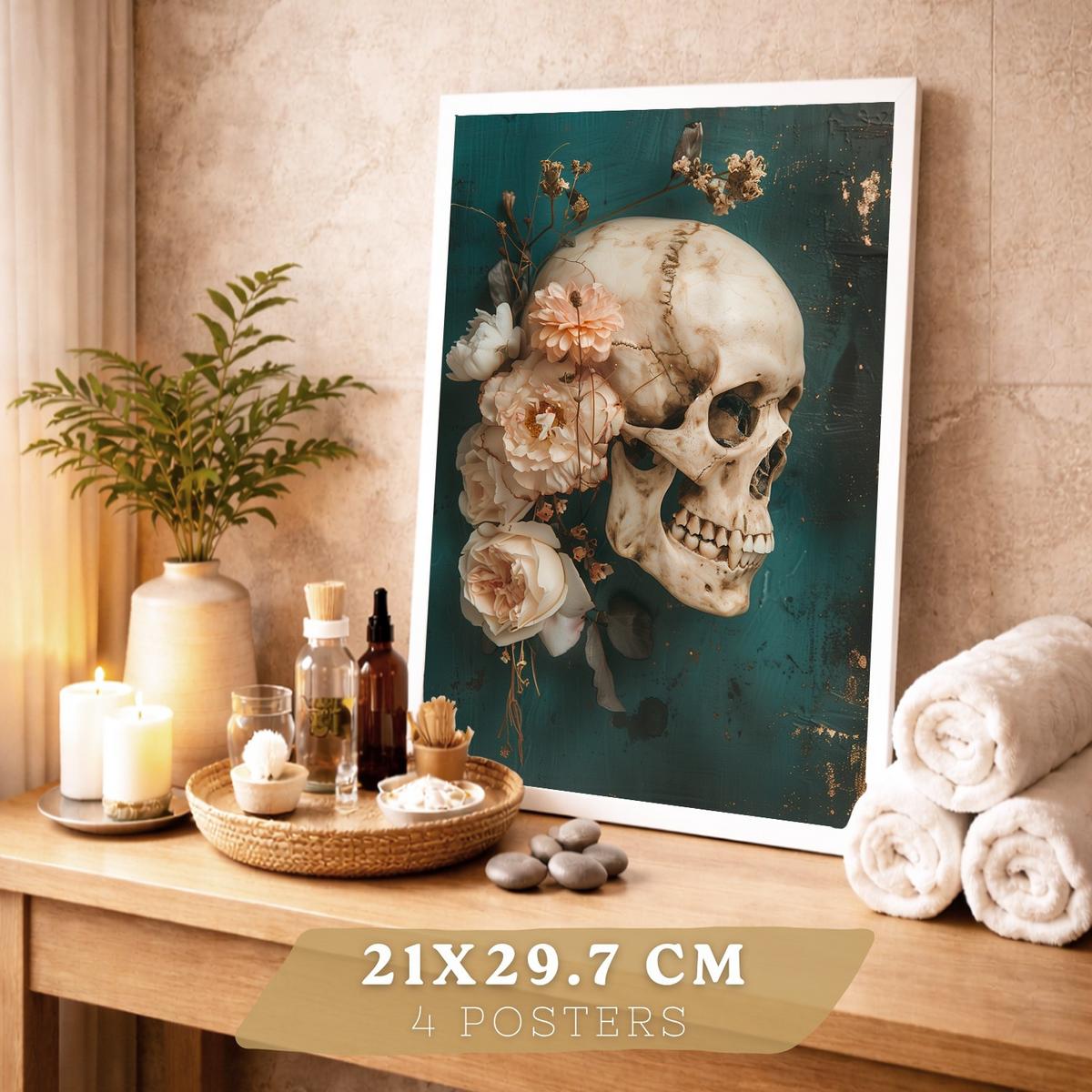 POSTER Set aus 4 Anatomie Mensch Drucke und mit Schädel Gehirn Lungen Luftröhre Bronchien Becken Wirbelsäule Florales Größe Weißer Rahmen A4 - Weiß, Papier (21/29.7/3cm) - Nacnic