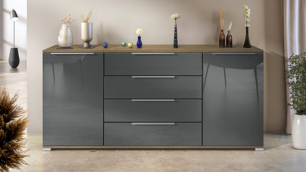 SIDEBOARD Linio Grau Hochglanz - Grau, Holzwerkstoff (166.5/75.5/35cm) - Vladon