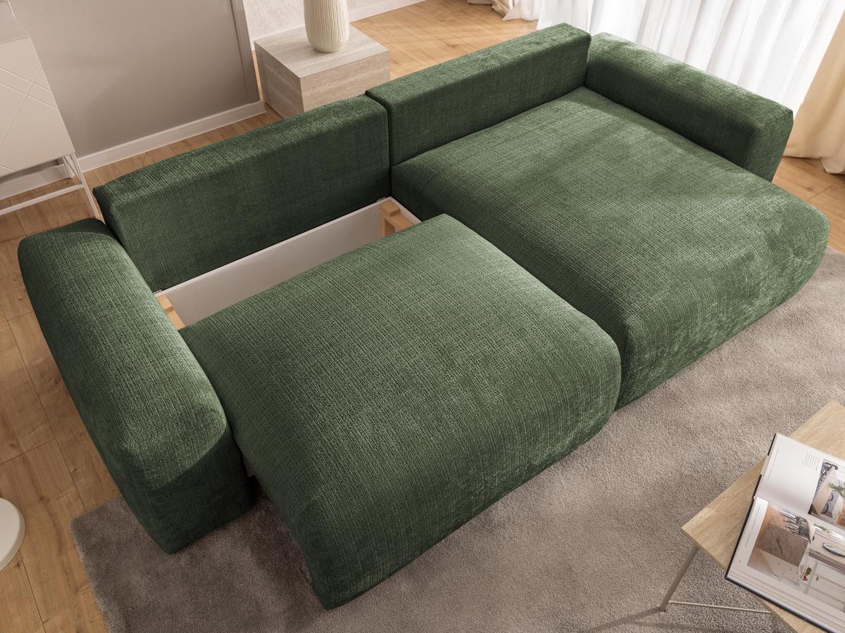 ECKSOFA Puffy mit Schlaffunktion und Bettkasten - besonders weich und puffig aus Grün Chenille-Stoff - Ottomane rechts - Schwarz/Grün, Holz/Kunststoff (266/138cm) - S-Style Möbel