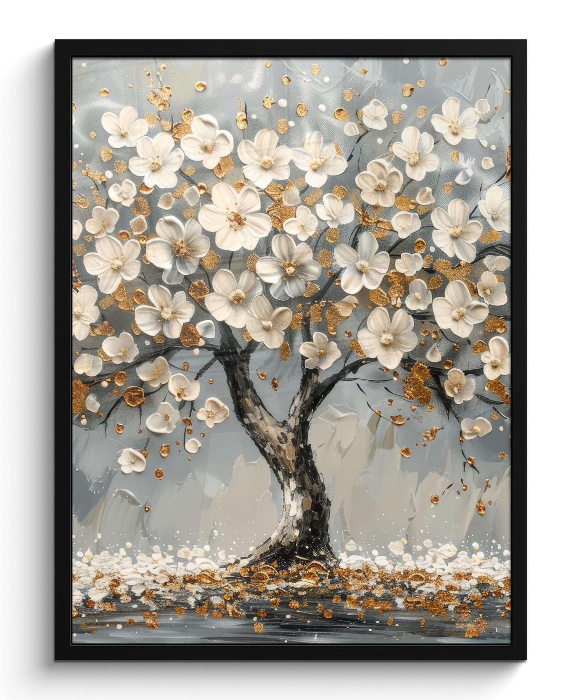 POSTER MIT RAHMEN Baum - Blumen - Weiß - Natur - Kunst Posterleiste 60x80 cm - Weiß, Papier (60/80cm) - MuchoWow