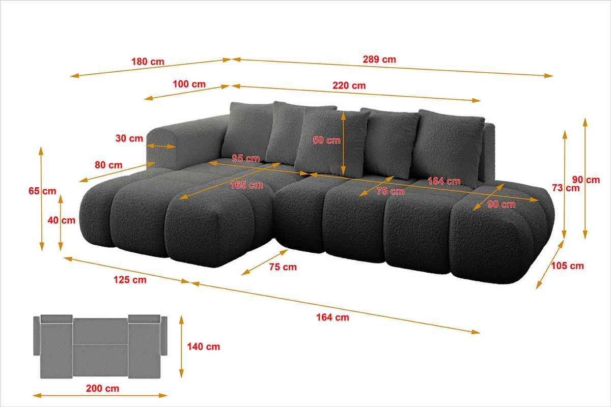 ECKSOFA Ottomane Links CLOUD-L-v1 280x185x90 Grau Bouclé - Grau, Holzwerkstoff/Kunststoff (180/289cm) - ALTDECOR