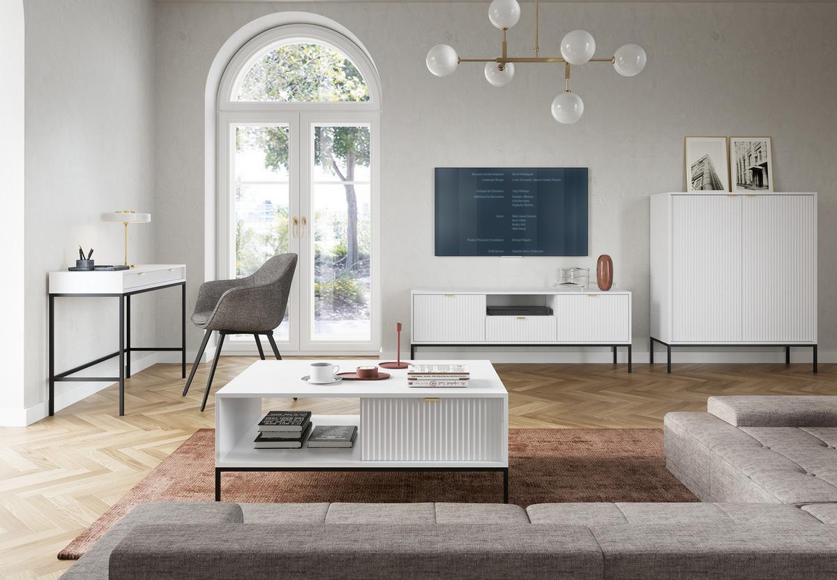 SIDEBOARD Eternas 2T Weiß 104/125/39 cm – schwarze Füße, mit geriffelten Fronten - Schwarz/Weiß, Holzwerkstoff (104/125/39cm) - AX Living