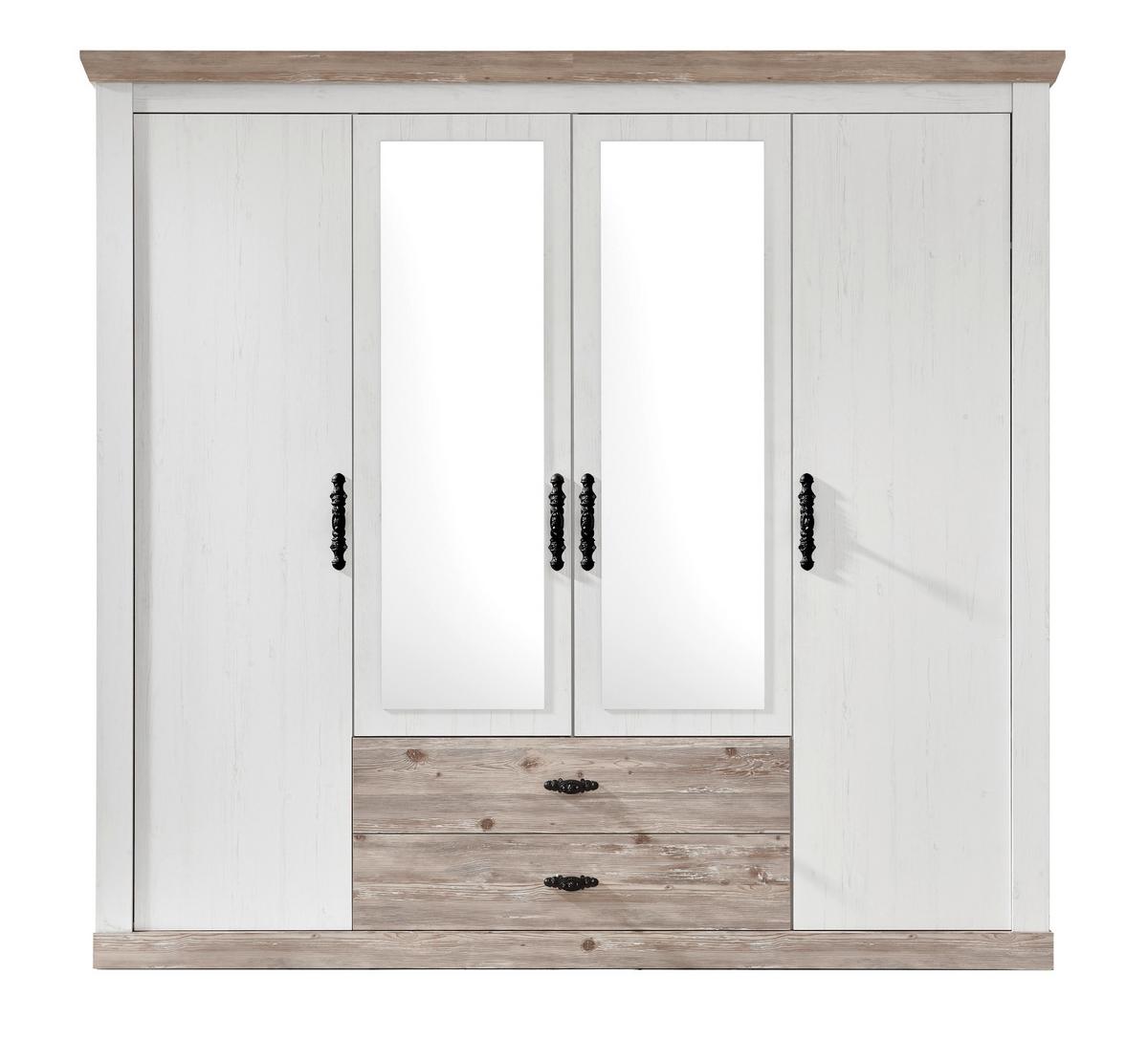 KLEIDERSCHRANK Pinie weiß, Oslo Pinie Landhaus, Drehtürenschrank 4-türig mit Spiegel, 217 x 201 cm - Anthrazit/Weiß, Holzwerkstoff/Metall (217/201/60cm) - Furn.Design
