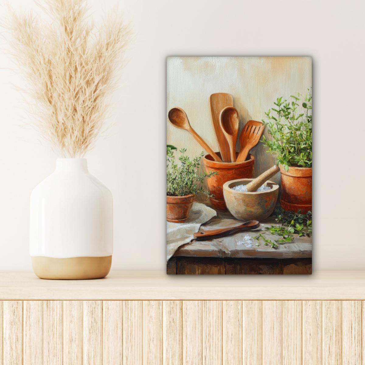 LEINWANDBILD Töpfe - Kräuter - Holz Deko Wohnzimmer 20x30 cm - Terracotta, Textil (20/30cm) - MuchoWow
