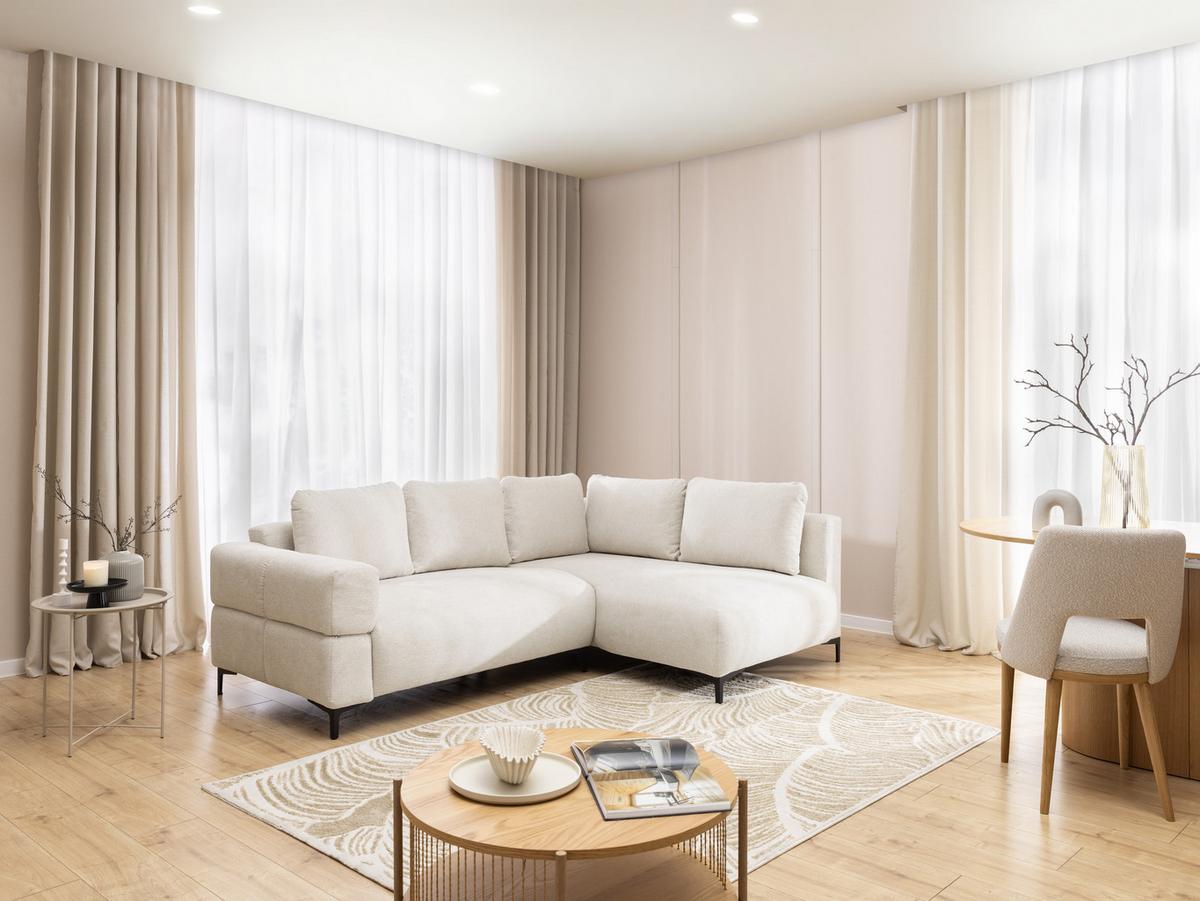 ECKSOFA Cardea in Bubble-Optik aus weichem Creme Strukturstoff mit hohem Sitzkomfort - Ottomane rechts - Creme/Schwarz, Holz/Textil (230/170cm) - S-Style