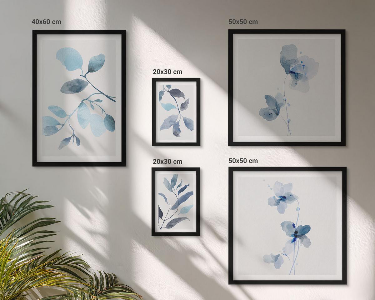 BILDER SET 5er Set - 50x50 cm & 20x30 cm & 40x60 cm Schwarzer Rahmen - Aquarell von blauen Blättern - Schwarz, Kunststoff (40/60cm) - TULUP