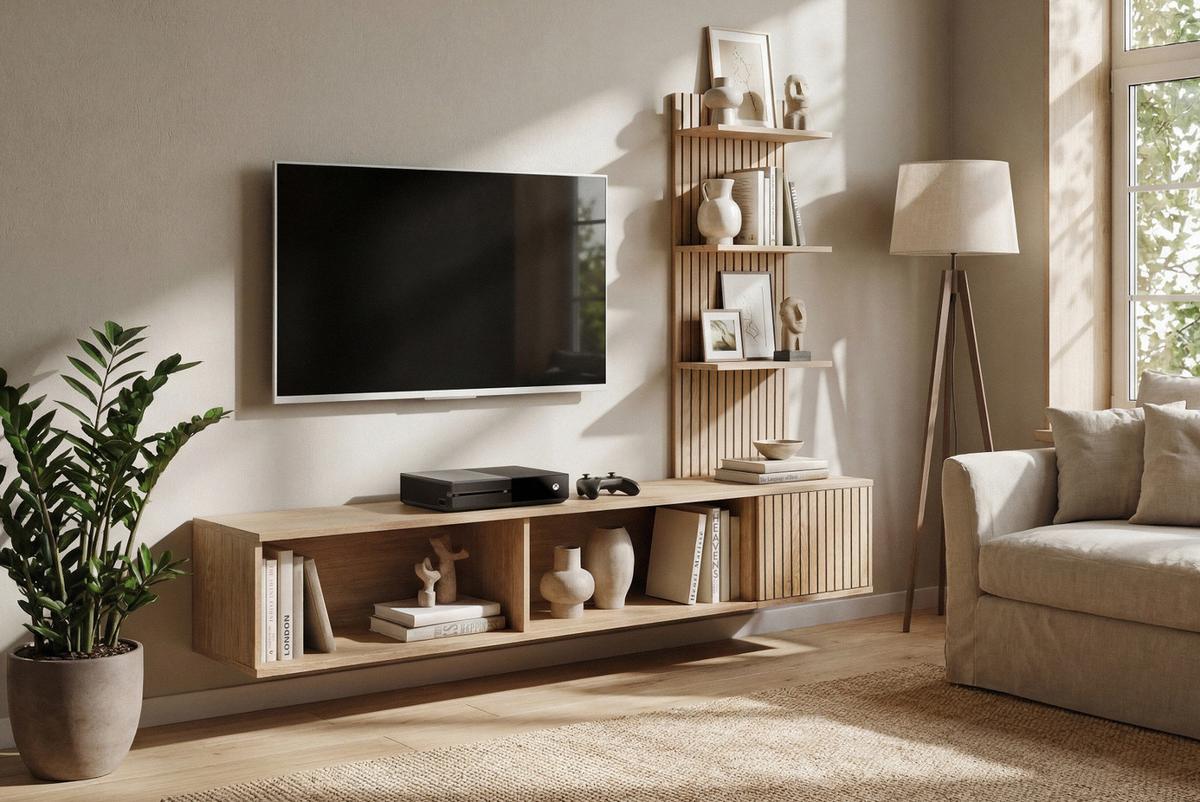 TV-LOWBOARD Cremona Eiche Leistenoptik 180 cm hängend, TV Unterschrank Set mit Paneel und Regal - Eichefarben, Holzwerkstoff (180/130/40cm) - Inn.Furn