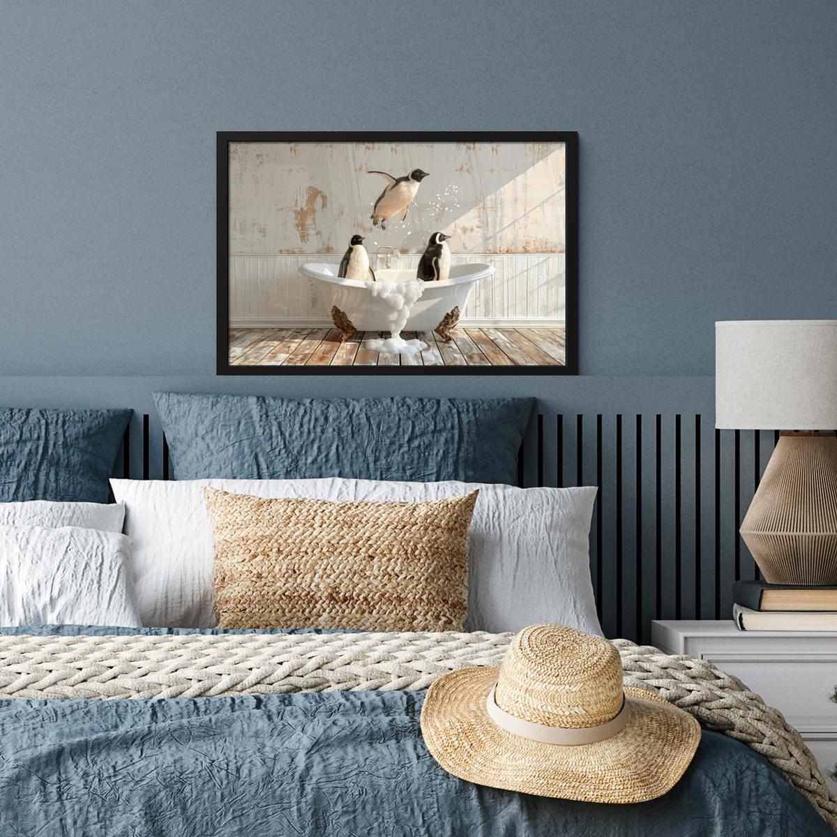POSTER MIT RAHMENGERAHMTES BILD Vintage - Pinguin - Badewanne - Schaumstoff 60x40 cm - Schwarz, Papier (60/40cm) - MuchoWow