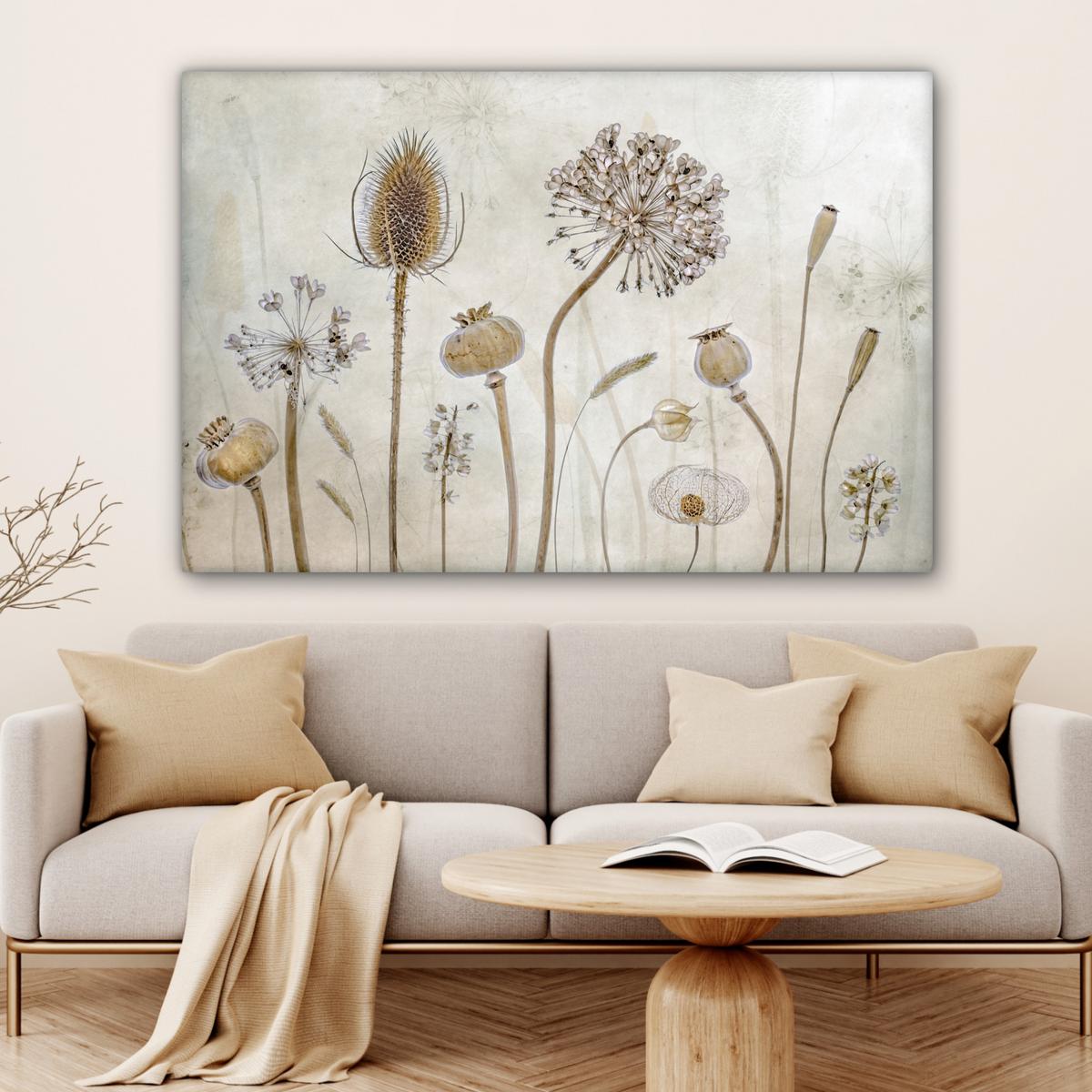LEINWANDBILD Blumen - Aquarell - Stilleben - Braun - Vintage Groß 140x90 cm - Beige, Textil (140/90cm) - MuchoWow