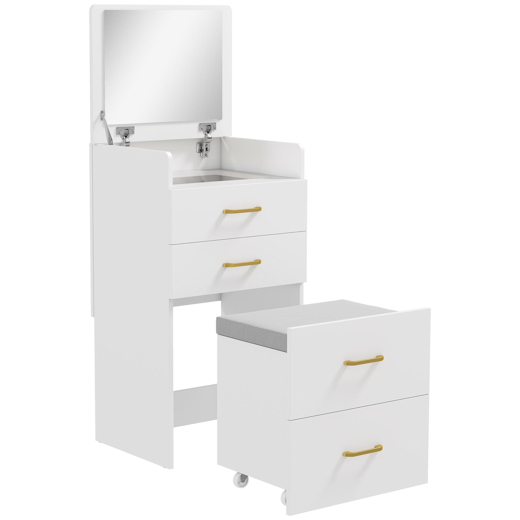 3 in 1 Schminktisch mit Hocker, Kosmetiktisch mit Spiegel, 3 Schubladen - Beige/Weiß, Holzwerkstoff/Textil (40/90/48cm) - HOMCOM