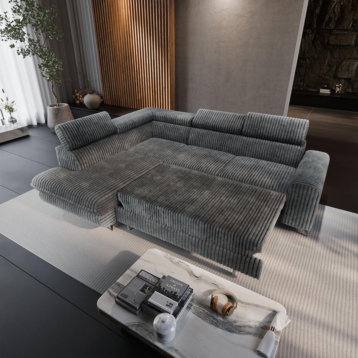 ECKSOFA VELISS Grau Kordstoff mit Schlaffunktion - Dunkelgrau, Holz (255/193cm) - MASSENO