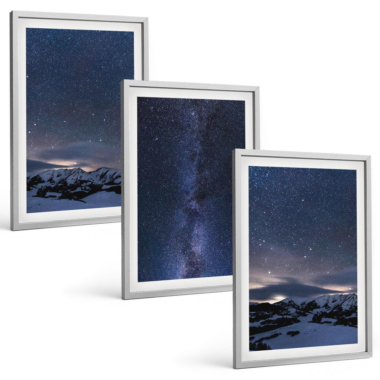 BILDER SET 3er Set - 40x60 cm Silberner Rahmen - Nachthimmel, Berge, Sterne - Silberfarben, Kunststoff (40/60cm) - TULUP