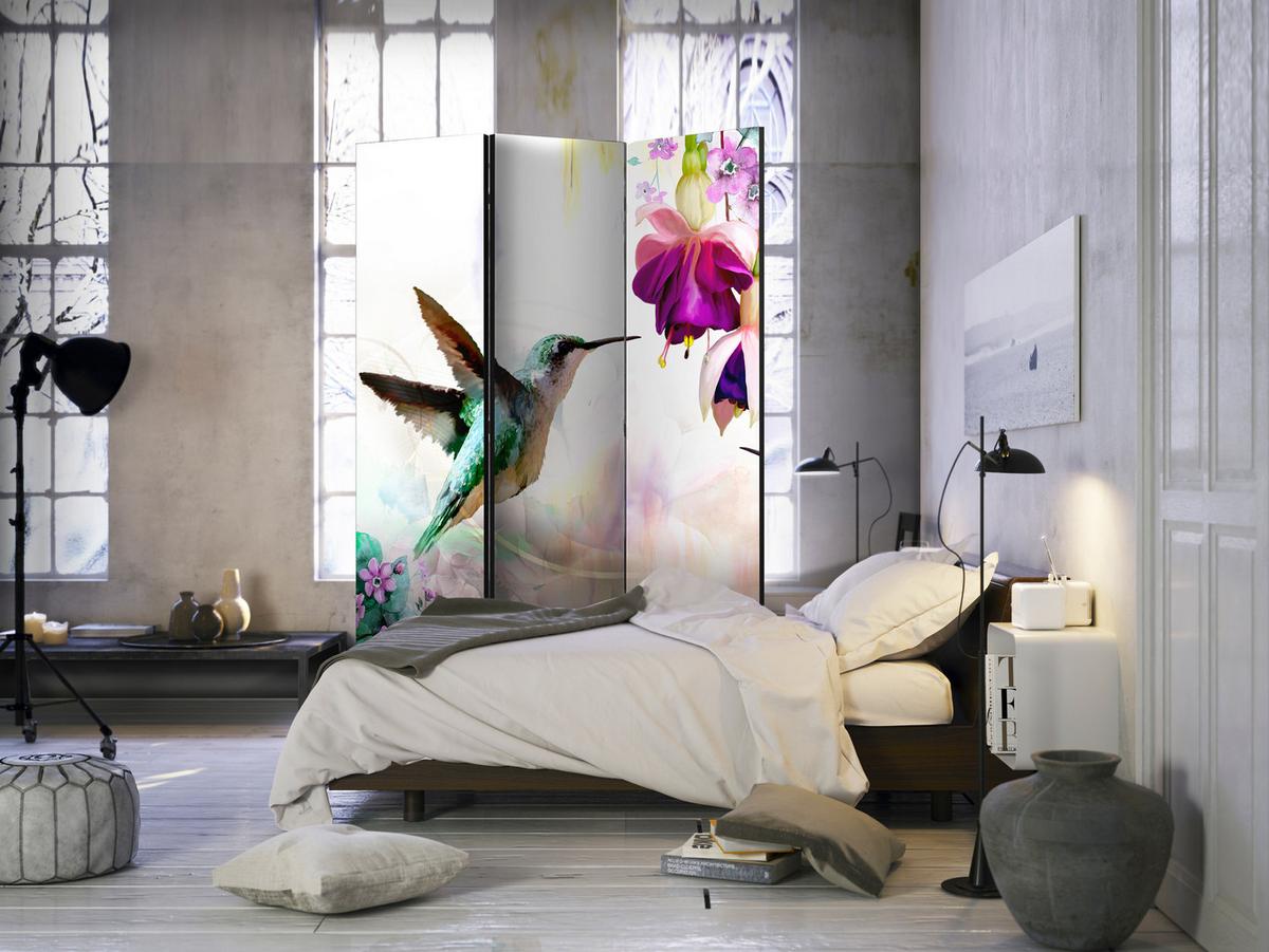 PARAVENT Beidseitig Bedruckter 3-tlg 135x172 cm Kolibri Blumen Natur - Multicolor, Holz/Textil (135/172/3cm) - Muralo