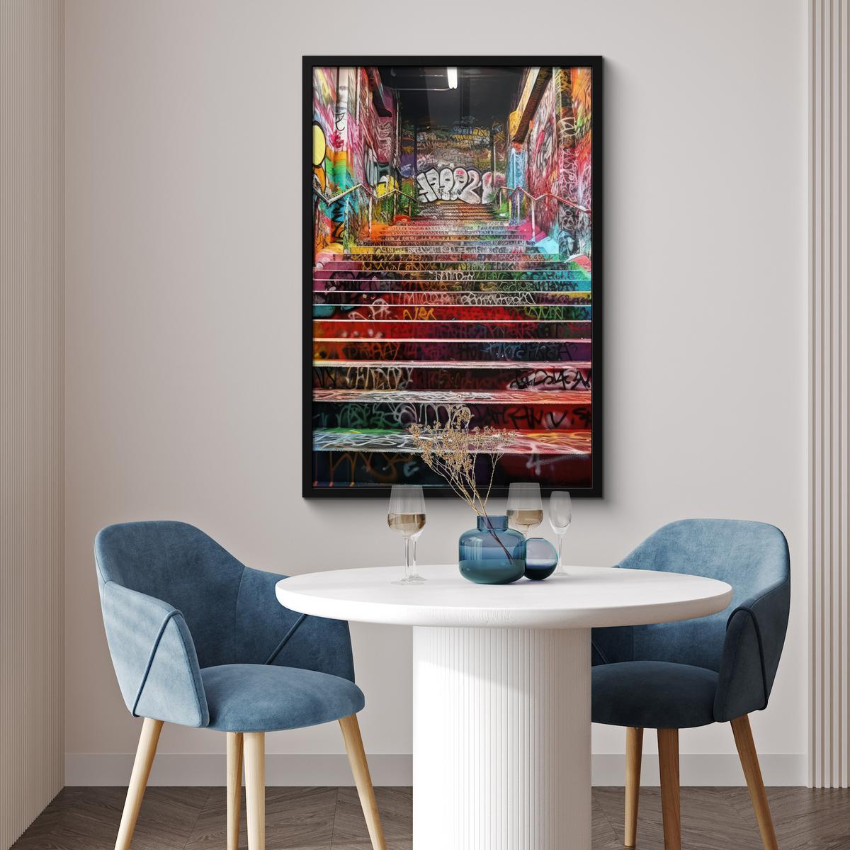 POSTER MIT RAHMENGERAHMTES BILD Treppe - Graffiti - Farben - Kunst 60x90 cm - Multicolor, Papier (60/90cm) - MuchoWow