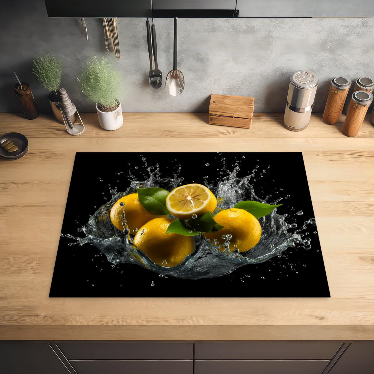 HERDABDECKPLATTE Zitrone - Obst - Gelb - Schwarz Herdabdeckung Induktionsfeld 70x52 cm - Gelb, Kunststoff (70/52/0.2cm) - MuchoWow