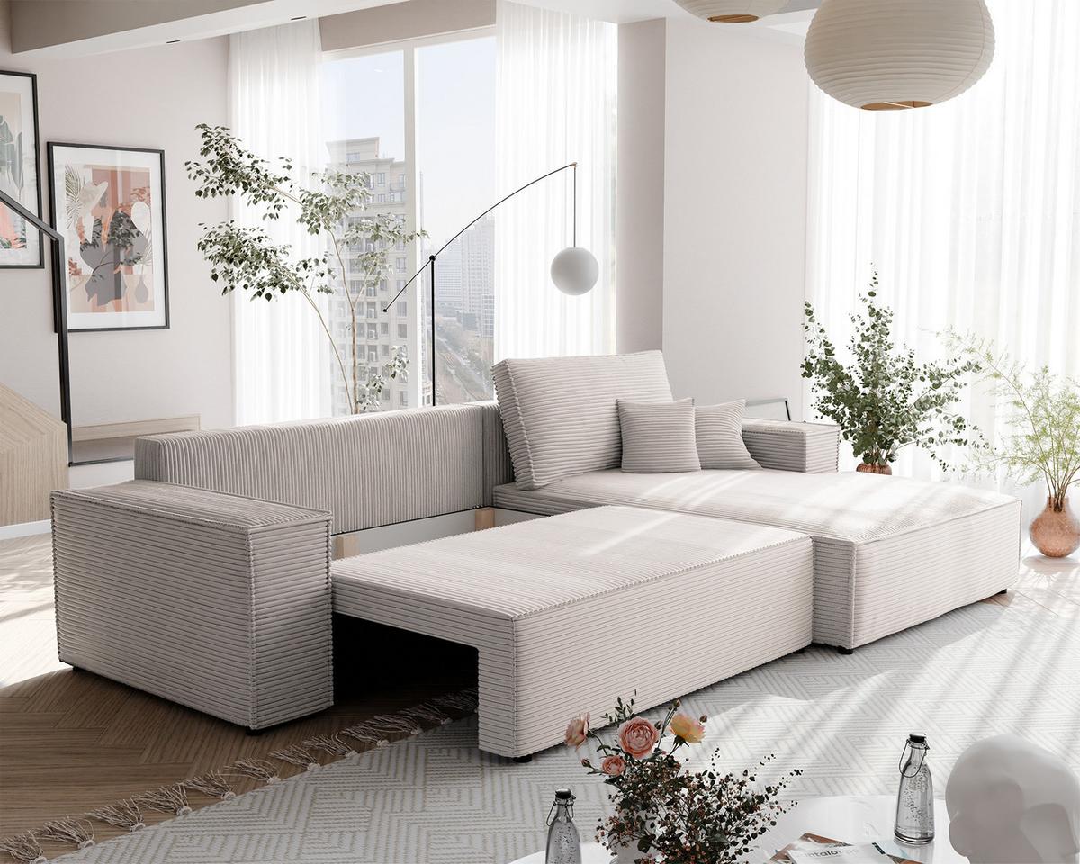 ECKSOFA NOVA Rechts mit Schlaffunktion und Bettkasten Creme - Creme, Kunststoff/Textil (294/185cm) - Idohome