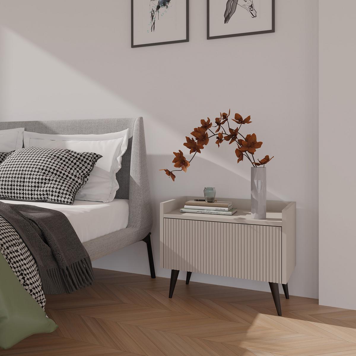 NACHTTISCH Amfali mit 1 Tür, geriffelte Fronten, Push-to-open, Metallbeine, 52 cm, Kaschmir - Kaschmir/Schwarz, Holzwerkstoff/Metall (52/45/41cm) - Beautysofa