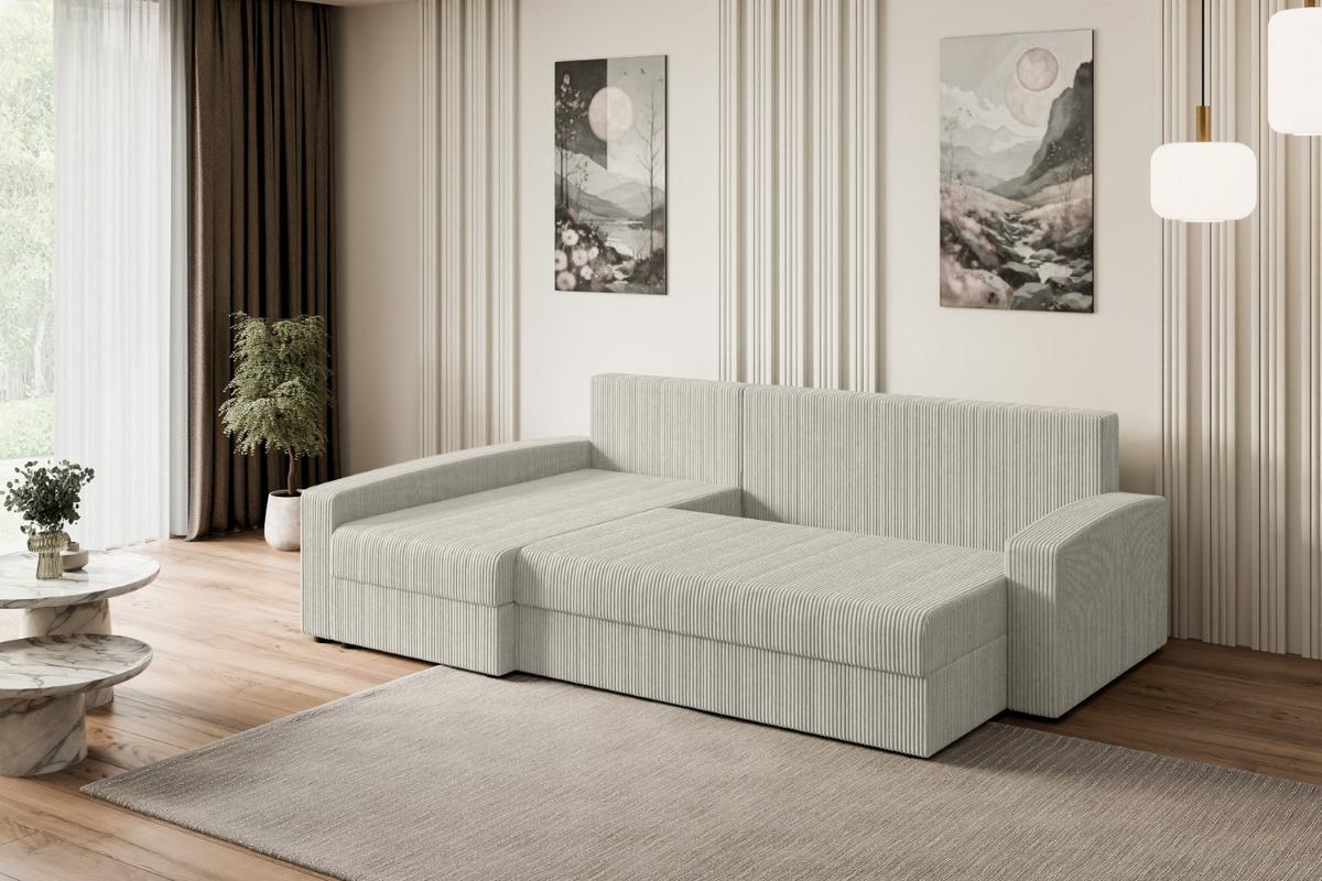 ECKSOFA mit Schlaffunktion und Bettkasten ALESIA-L 231x140x90 cm Creme Cord - Silberfarben/Hellgrau, Holzwerkstoff/Kunststoff (231/140cm) - ALTDECOR