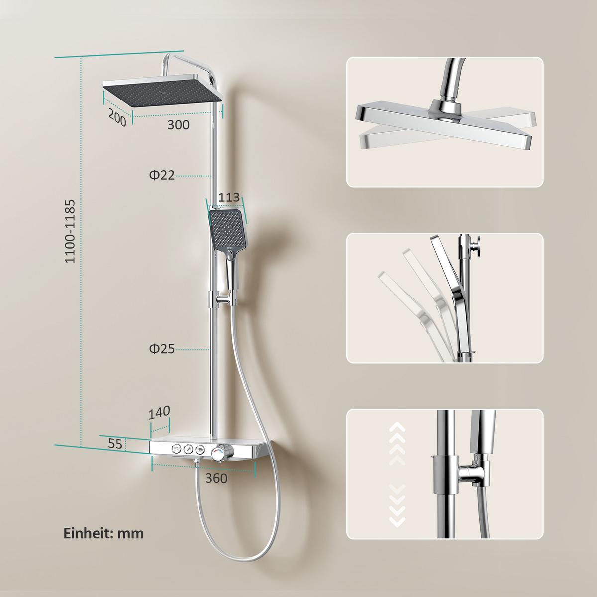ÜBERKOPFBRAUSESET mit Thermostat höhenverstellbar Chrom 112,7/46 cm - Chromfarben, Metall (36/118/46cm) - EMKE