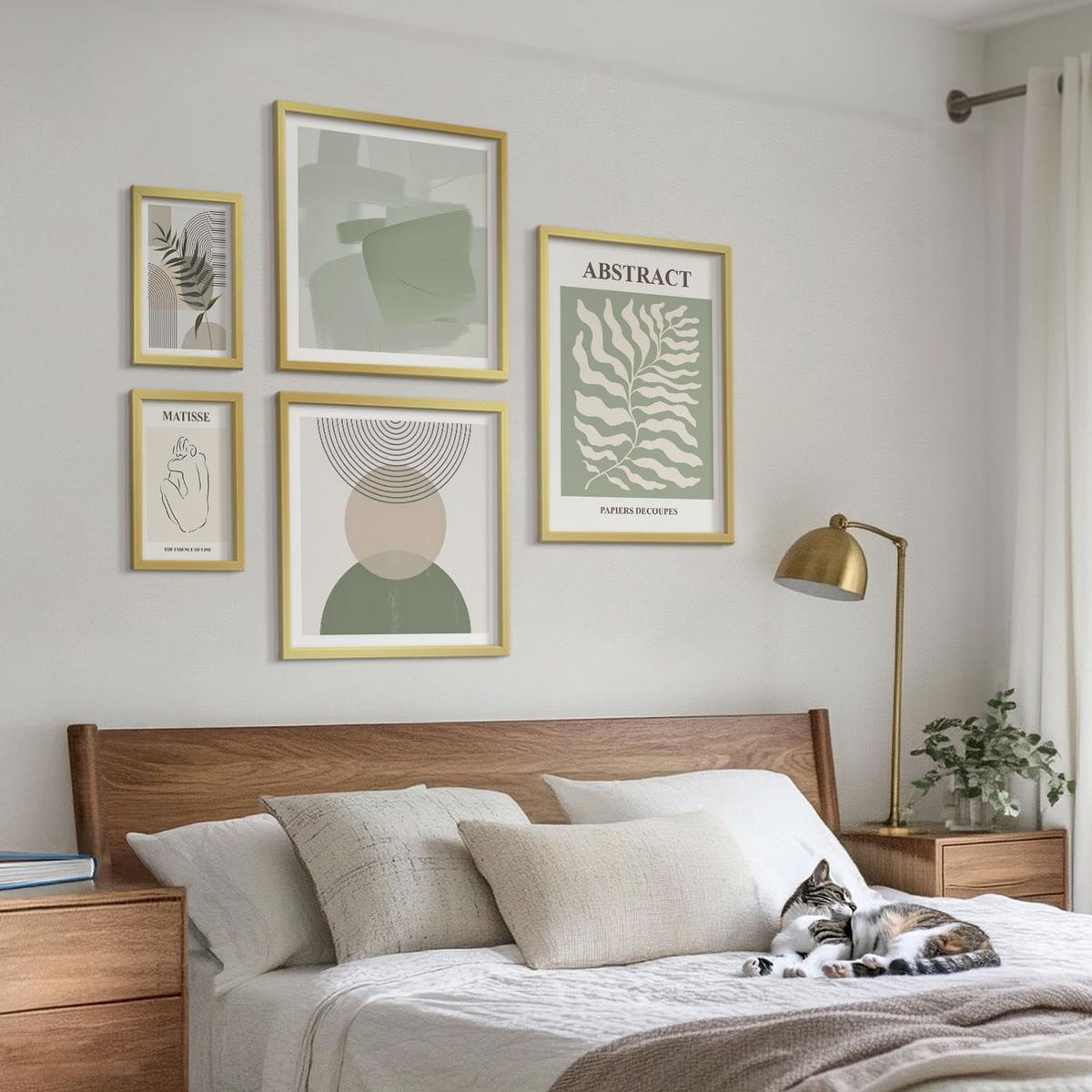 BILDER SET 5er Set - 50x50 cm & 20x30 cm & 40x60 cm Goldrahmen - Botanische Boho-Abstraktionen - Goldfarben, Kunststoff (40/60cm) - TULUP