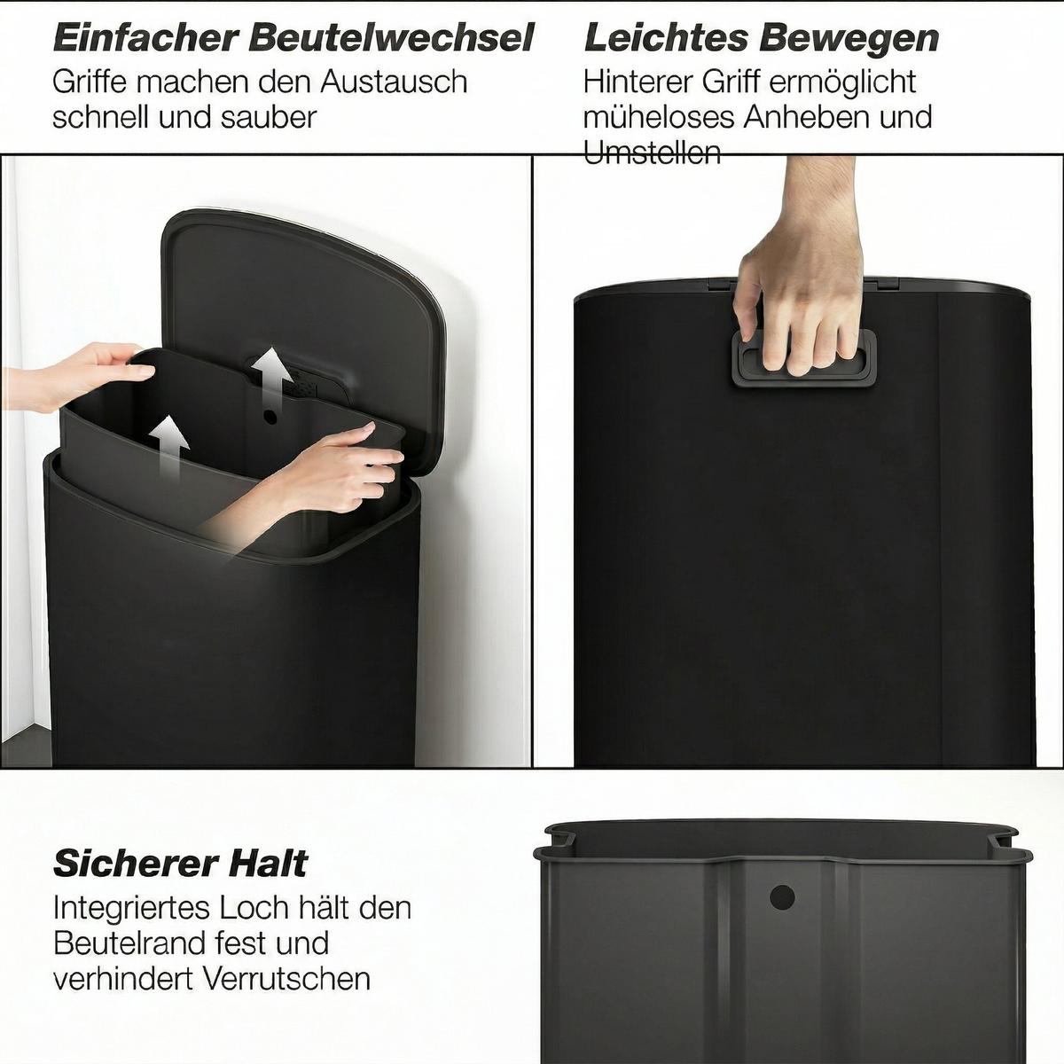KÜCHEN-MÜLLEIMER Edelstahl Schwarz - Schwarz, Metall (36.5/62.2/45.1cm) - HOMCOM