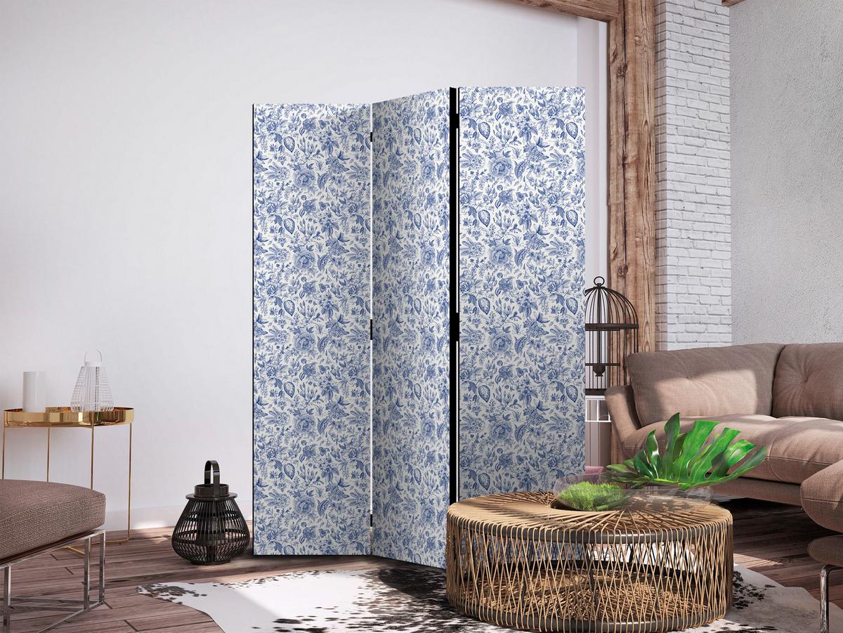 PARAVENT Akustik 3-tlg 135x172 cm Blaue Blumen - Blau, Holz/Textil (135/172/3cm) - Muralo