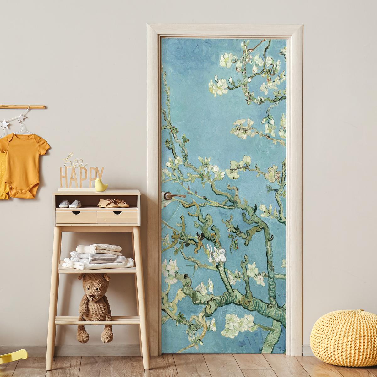 TÜRAUFKLEBER Selbstklebend - Mandelblüte - Van Gogh - Kunst 95x215 cm - Türtapete - Pastellblau, Kunststoff (95/215cm) - MuchoWow