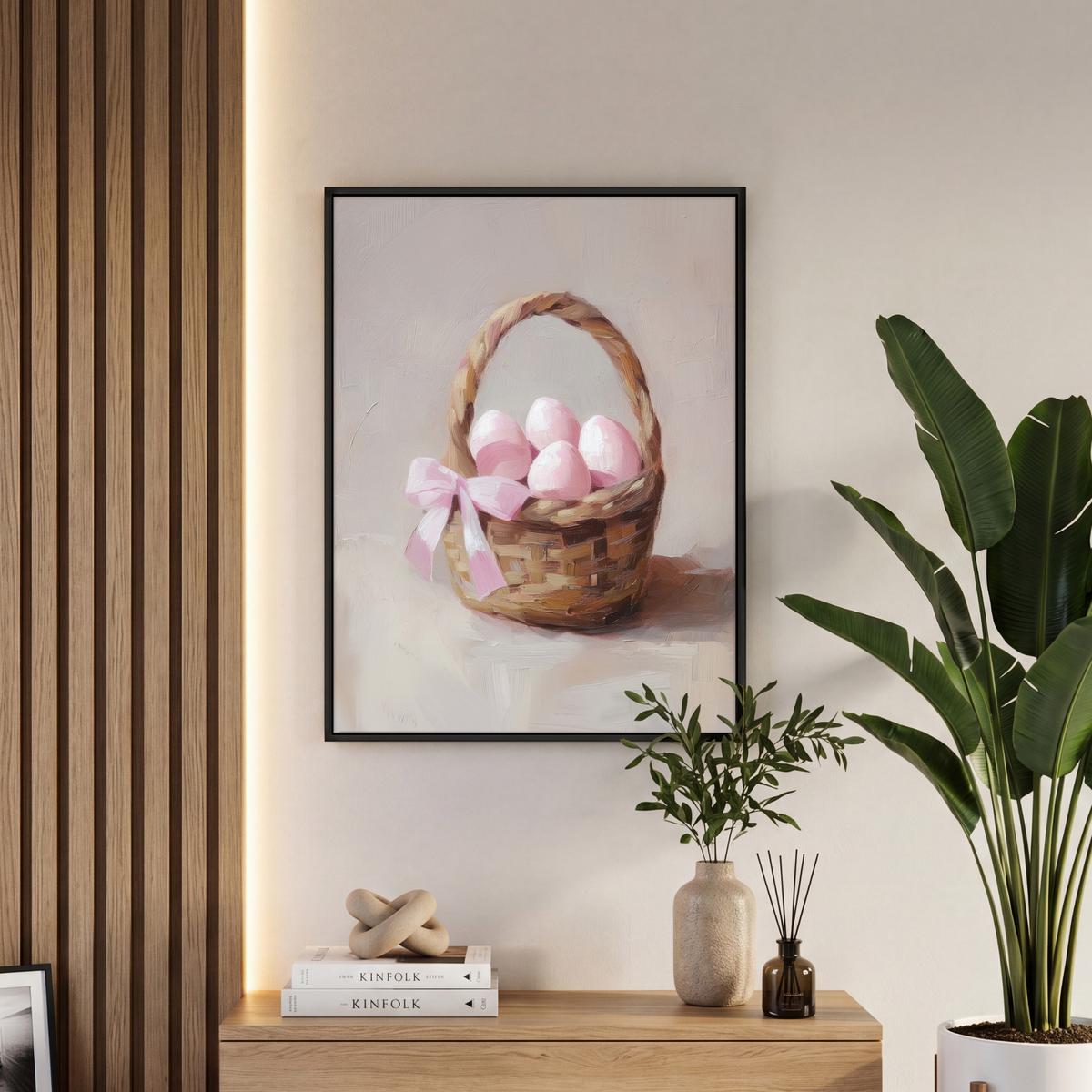 LEINWAND Bilder mit Rahmen - Korb - Eier - Rosa - 60x80 - Beige, Textil (60/80cm) - MuchoWow