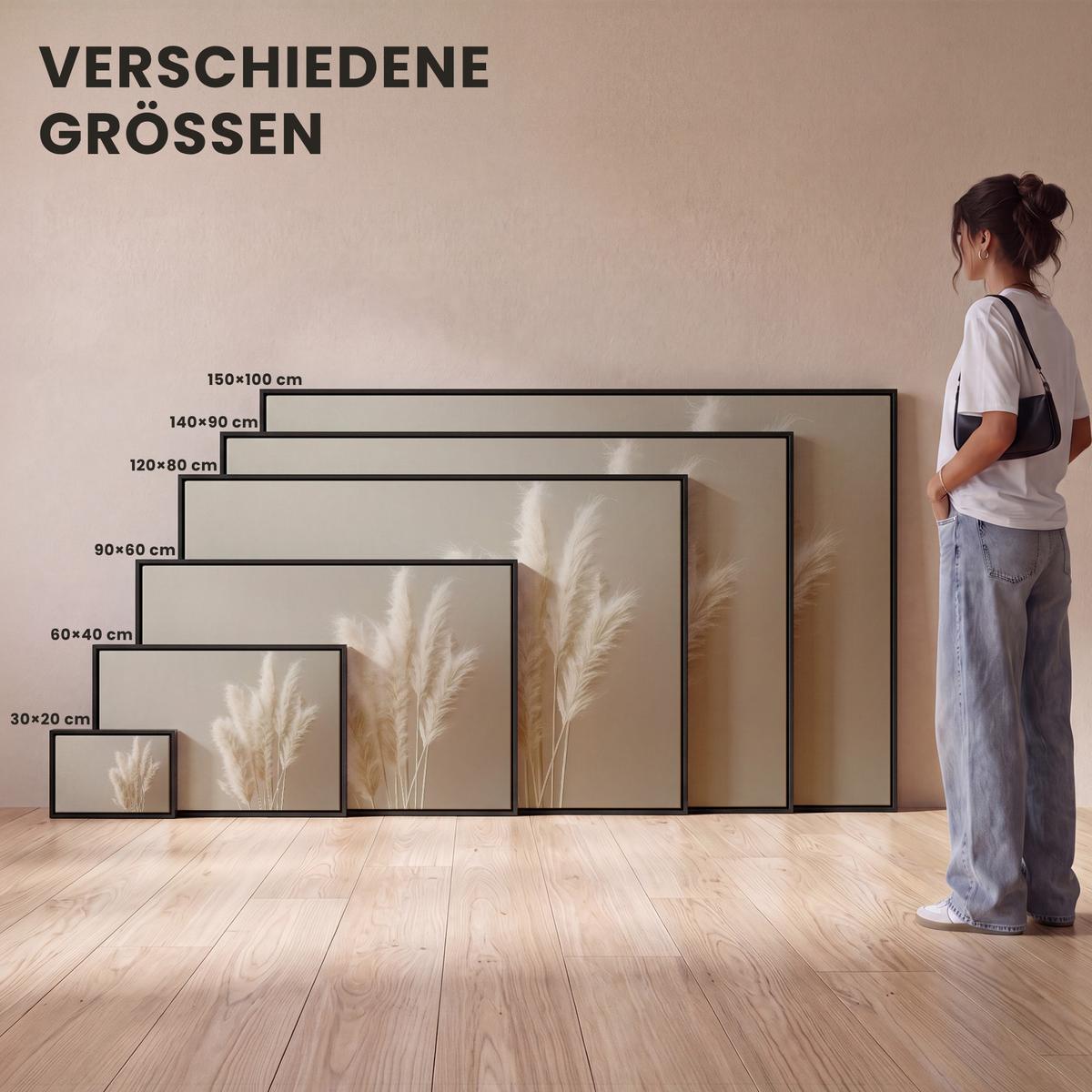 LEINWAND Bilder mit Rahmen - Pampasgras - Federn - Pastell - Weiß - 140x90 - Naturfarben, Textil (140/90cm) - MuchoWow