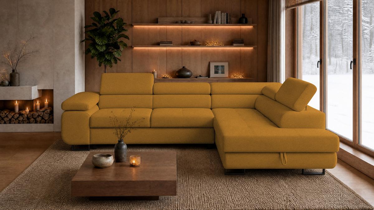 ECKSOFA Velmo mit Bettkasten und Schlaffunktion, verstellbaren Kopfstützen, in L-Form - Goldfarben, Textil (275/203cm)