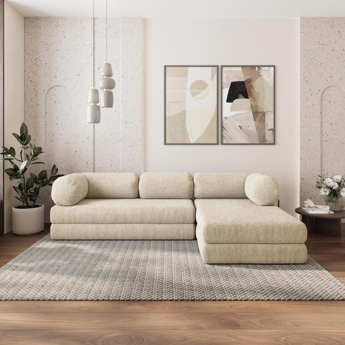ECKSOFA KELI modulares Boneless Sofa mit Schlaffunktion Creme Boucle-Stoff - Creme, Textil (270/160cm) - MASSENO