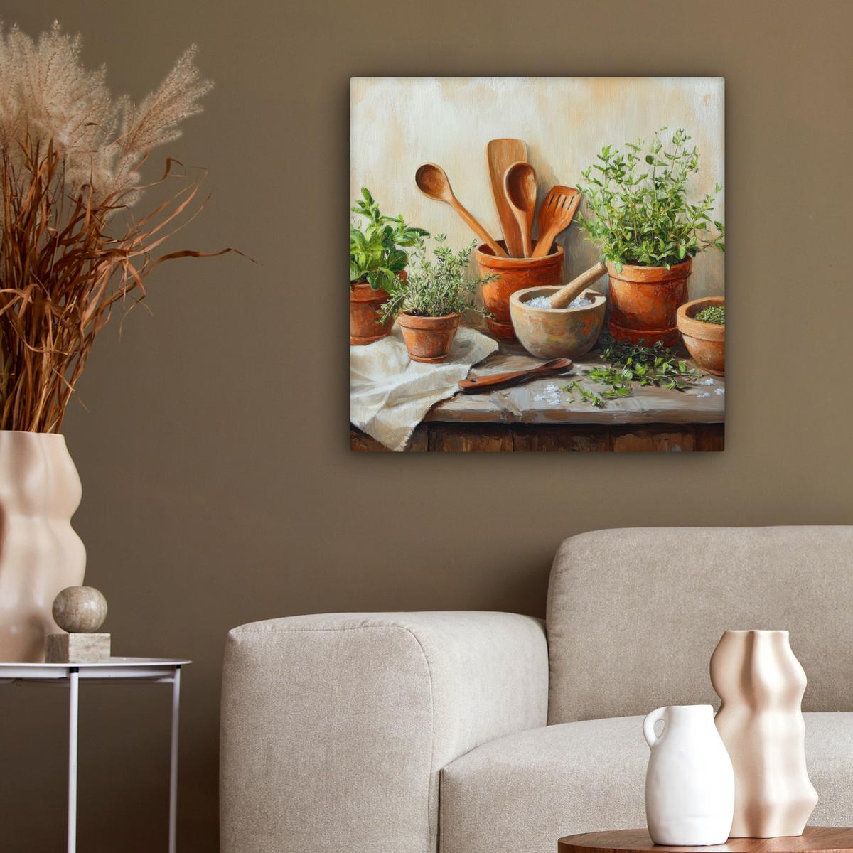 LEINWANDBILD Töpfe - Kräuter - Holz Wandbild Wohnzimmer 50x50 cm - Terracotta, Textil (50/50cm) - MuchoWow