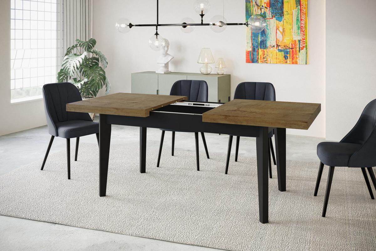 RECHTECKIGER Esszimmertisch SKANDI, ausziehbarer Tisch, Größe: 120-160X80X78 cm, Wohnzimmertisch Farbe: LEFKAS, mit Holzbeinen in Farbe Schwarz - Dunkelbraun/Schwarz, Holzwerkstoff (120/80/78cm) - Alpi-Möbel