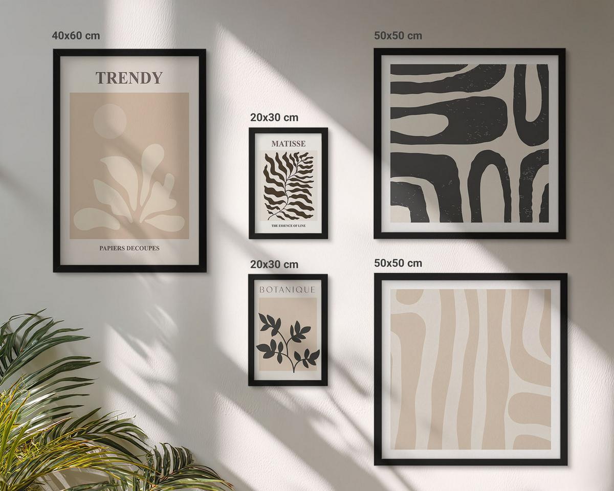 BILDER SET 5er Set - 50x50 cm & 20x30 cm & 40x60 cm Schwarzer Rahmen - Stilvolle Pflanzenmuster in Beige und Schwarz - Schwarz, Kunststoff (40/60cm) - TULUP