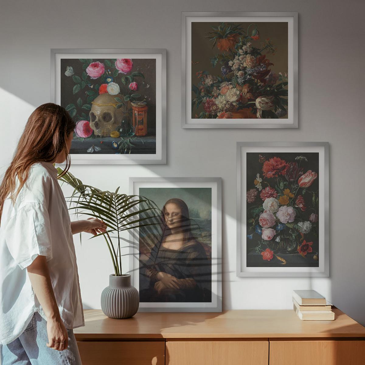 BILDER SET 4er Set - 50x50 cm & 40x60 cm Silberner Rahmen - Vintage Blumen Totenkopf Mona Lisa - Silberfarben, Kunststoff (50/50cm) - TULUP