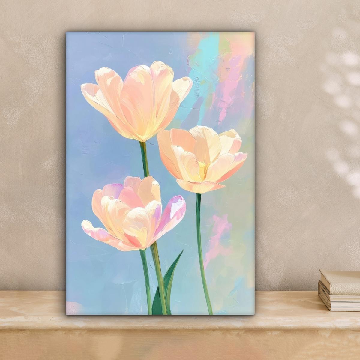 LEINWANDBILD Tulpen - Rosa Akzente - Blau Deko Wohnzimmer 20x30 cm - Pastellblau, Textil (20/30cm) - MuchoWow